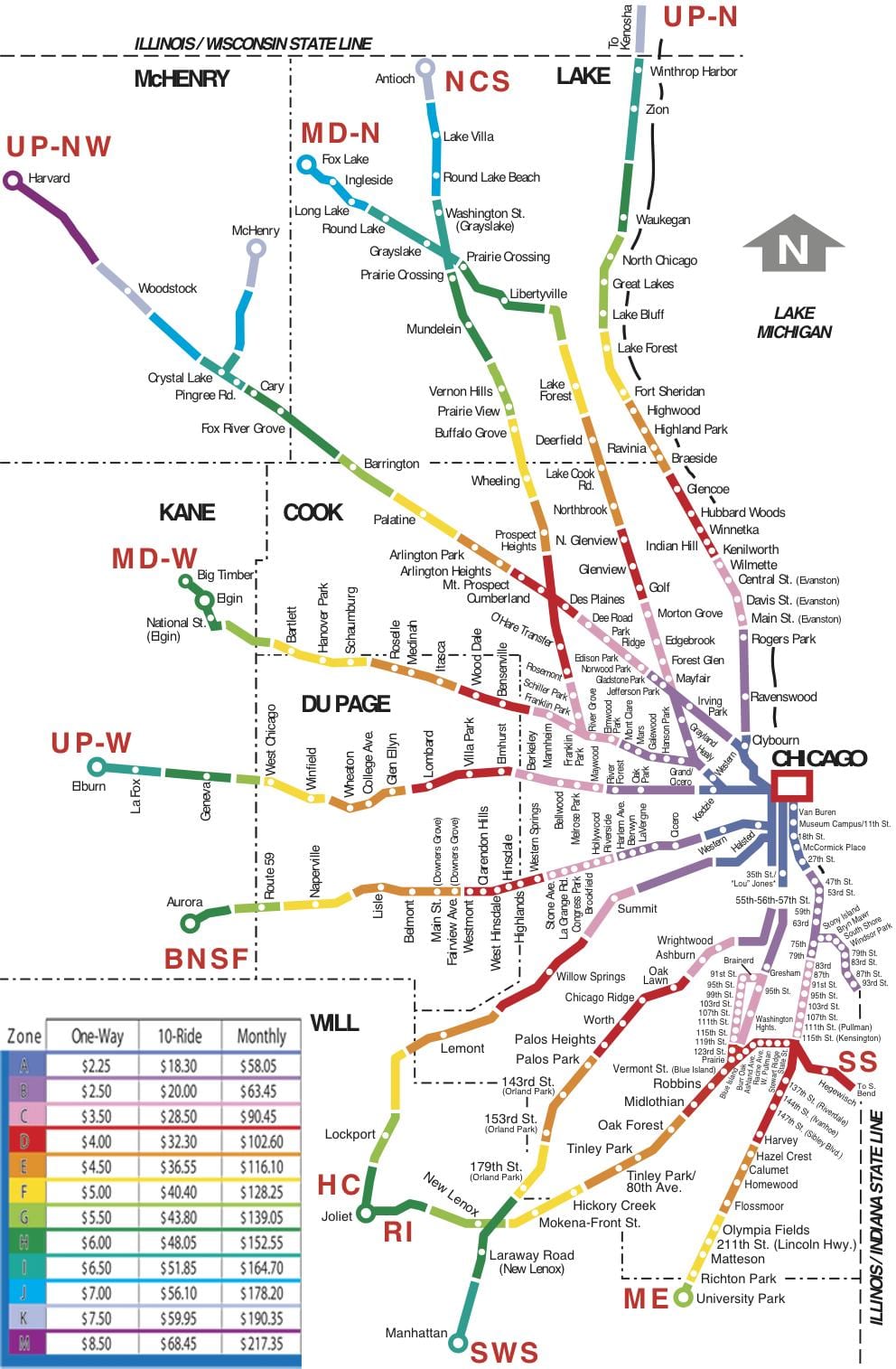 சிகாகோ பகுதியில் ரயில் வரைபடம்